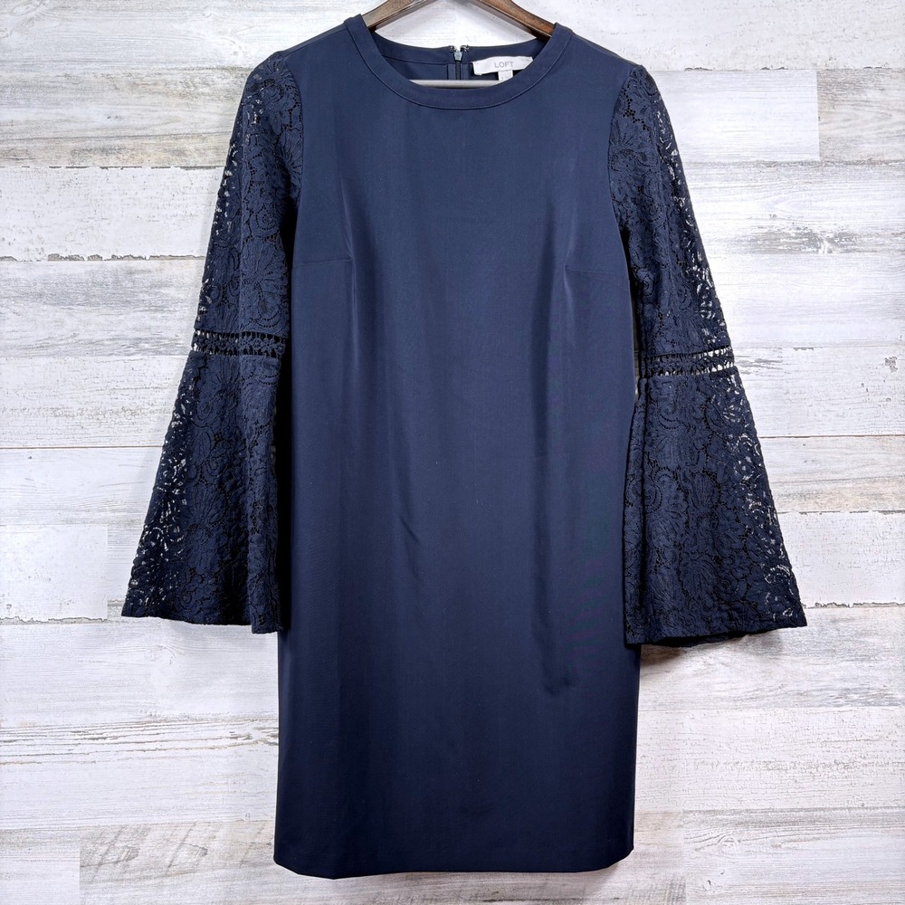 LOFT Shift Dress Womens 6 Navy Lace Bell Sleeve Crochet Round Neck Whimsigoth